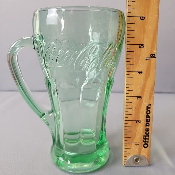 Libbey Coca Cola Glass Mug 16 fl oz Handled Green Tint Heavy 6.25" Tall Embossed - Picture 10 of 12